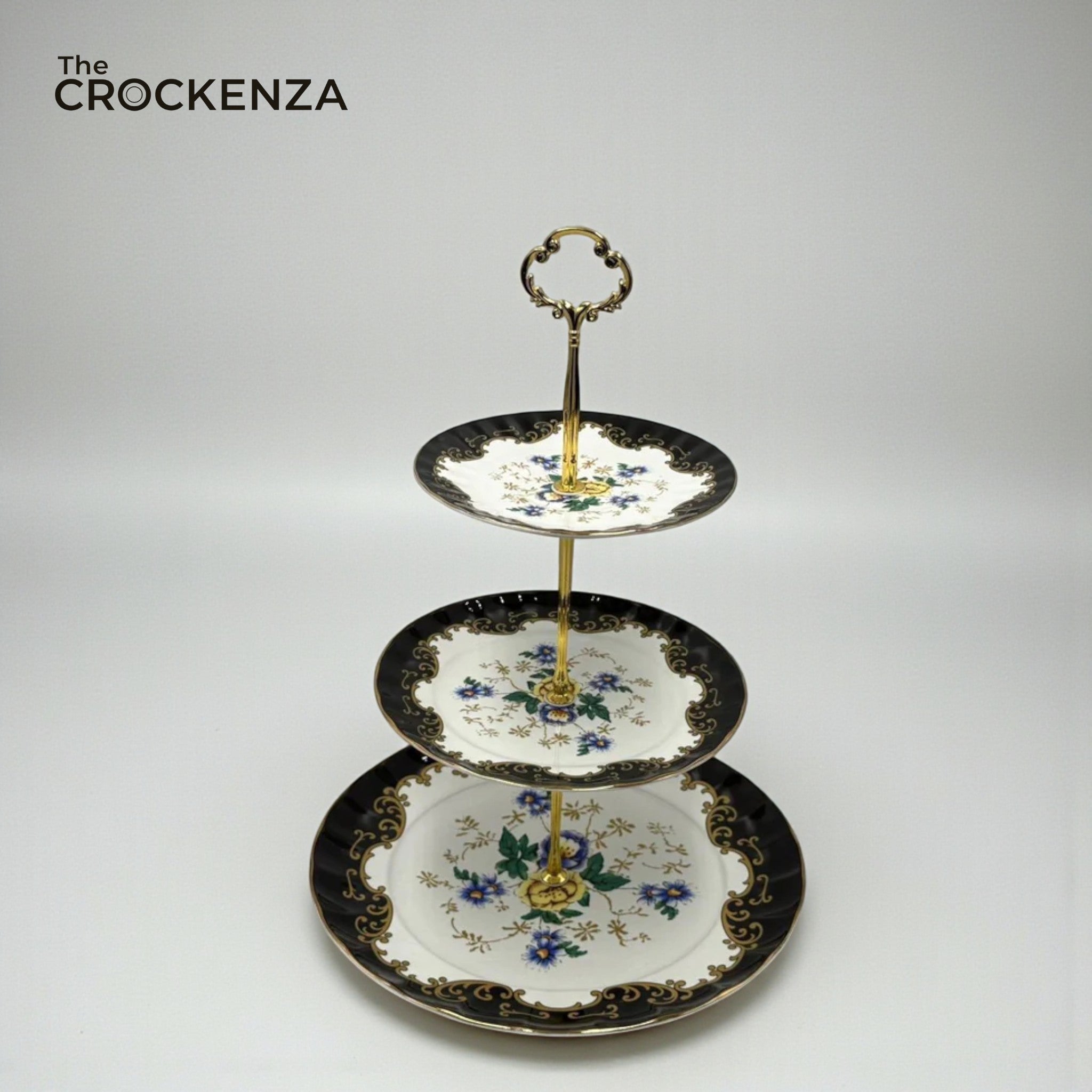 Royal Albert-Inspired 3-Tier Bone China Pastry Stand – Elegant Floral Design with Gold Handle