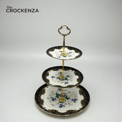 Royal Albert-Inspired 3-Tier Bone China Pastry Stand – Elegant Floral Design with Gold Handle