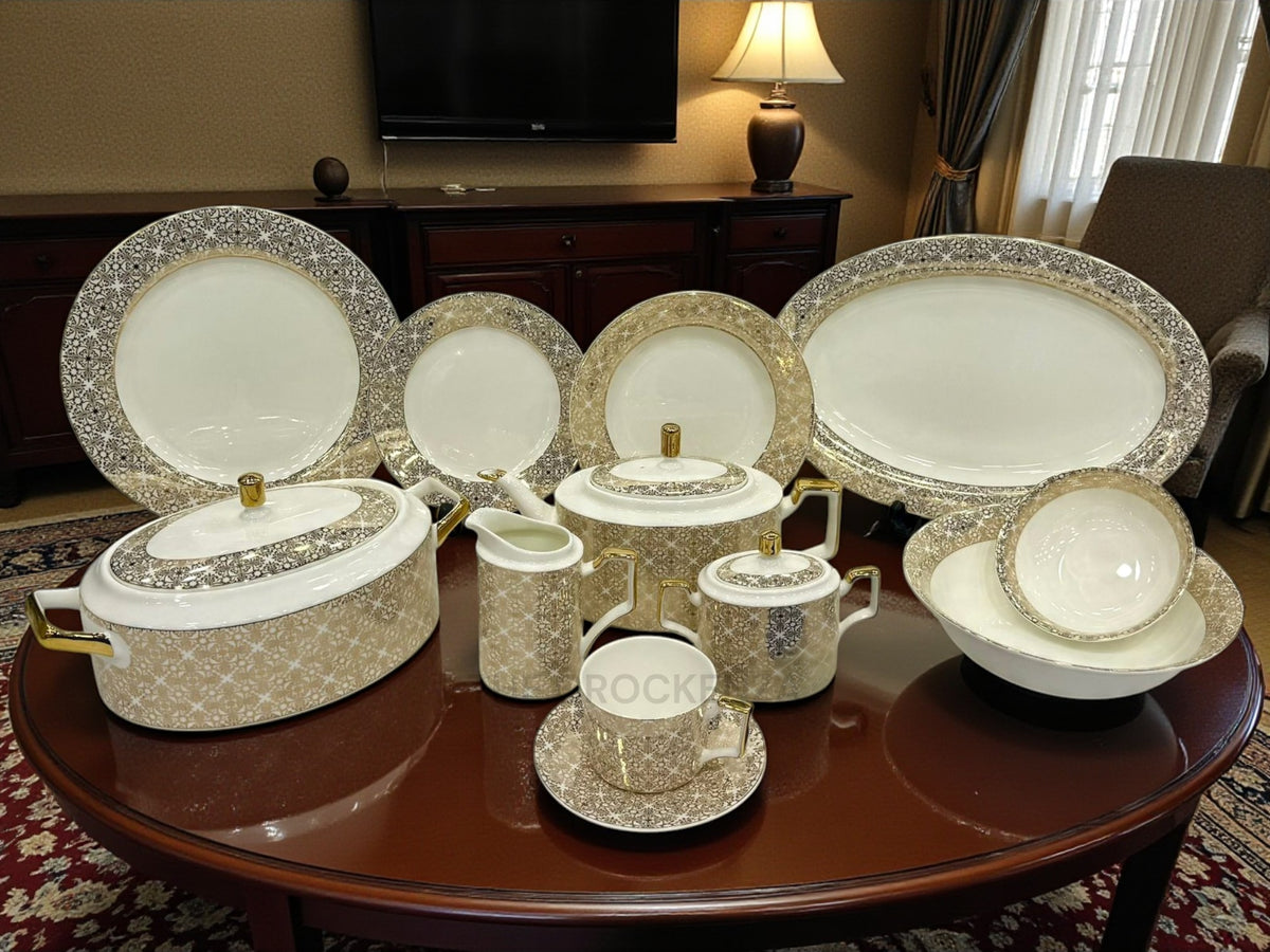Imperial Gold 61-Piece Dining & Tea Set | Premium Imported Super Bone China | Full Service for Eight (LD-001)