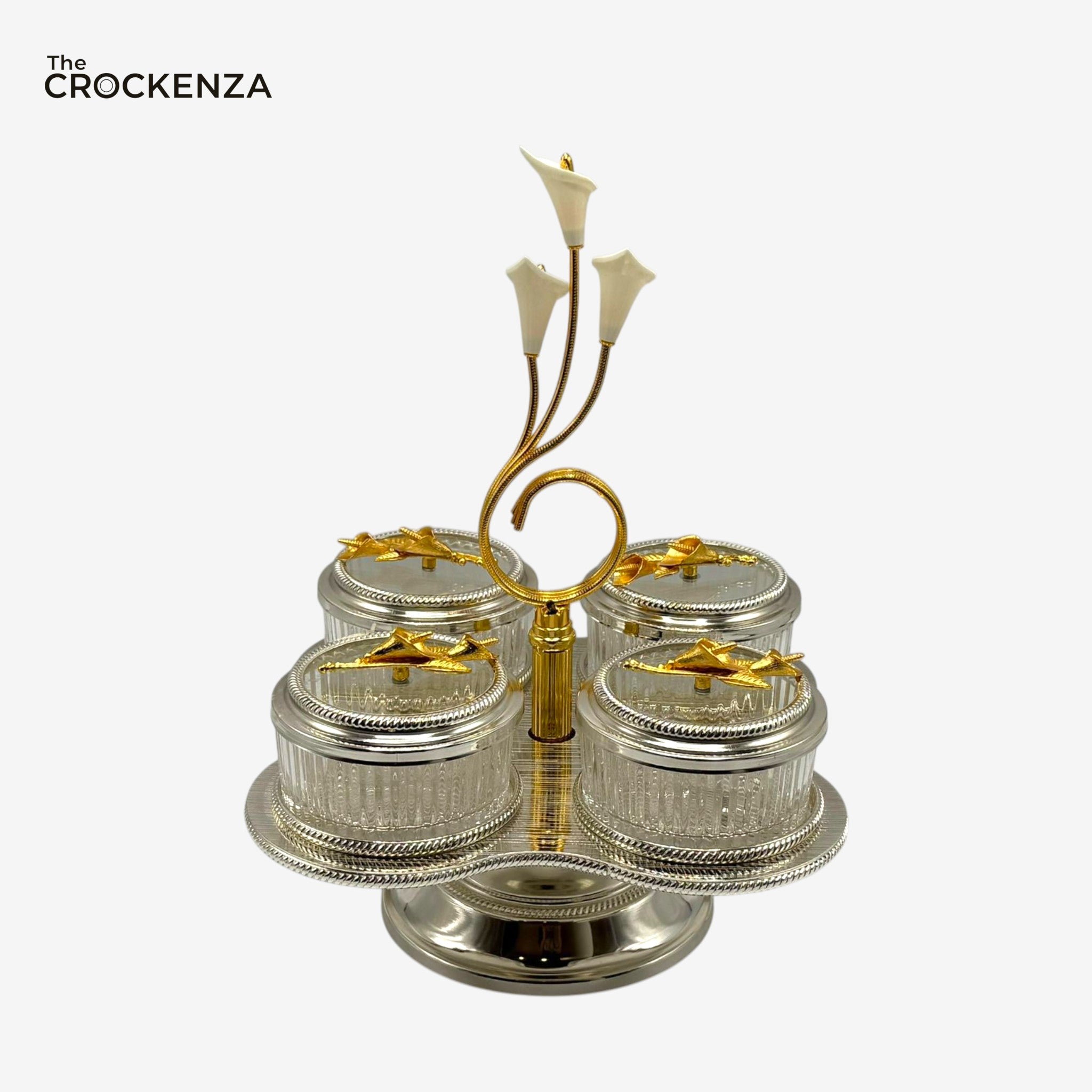Luxury 4-Partition Dry Fruit Serving Set with Stand – Glass Bowls & Golden Holder