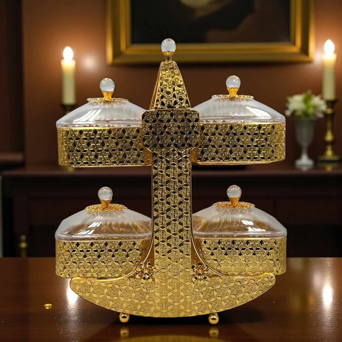 Golden Dry Fruit & Candy Tray – Elegant Serving & Gifting Choice