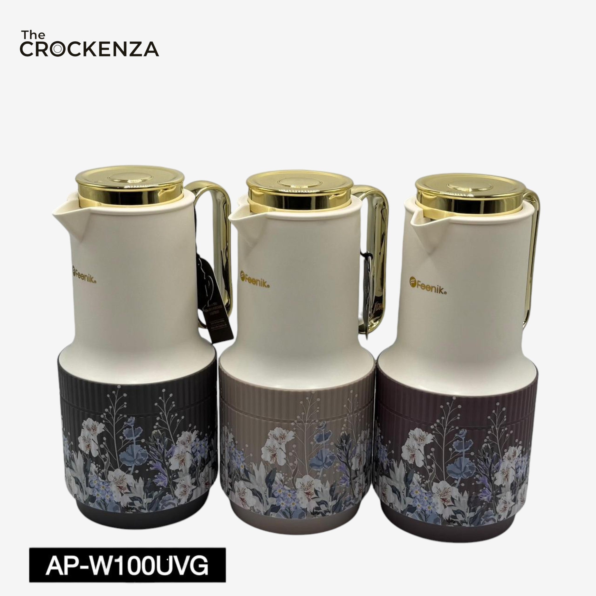 Premium FEENIK Floral Vacuum Flask Thermos – Luxury Gold Lid & Handle Insulated Tea / Coffee Jug (1L)