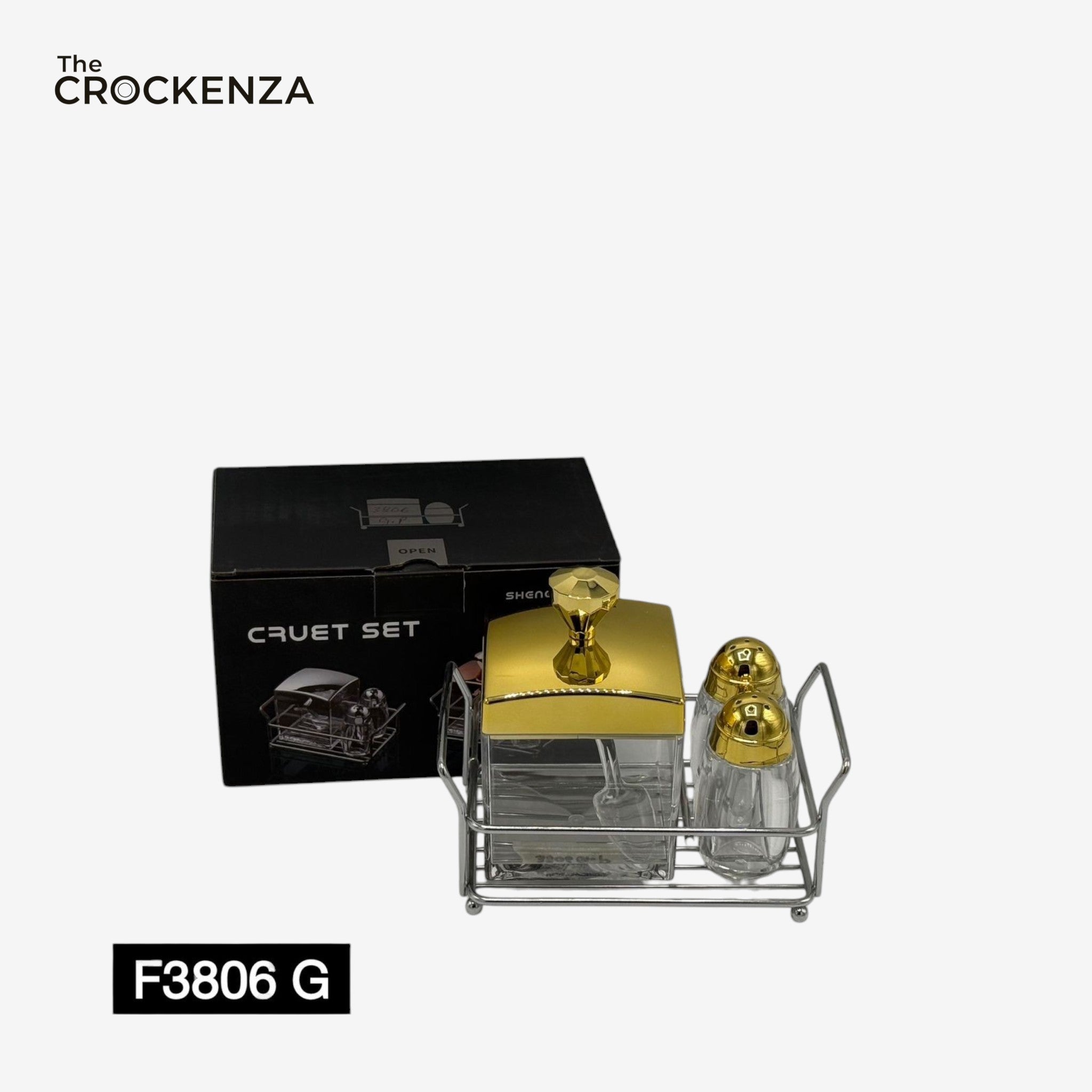 Luxury Acrylic 3-Piece Cruet Set with Gold Lid & Stainless Steel Rack – Premium Dining Table Condiment Set