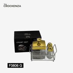 Luxury Acrylic 3-Piece Cruet Set with Gold Lid & Stainless Steel Rack – Premium Dining Table Condiment Set