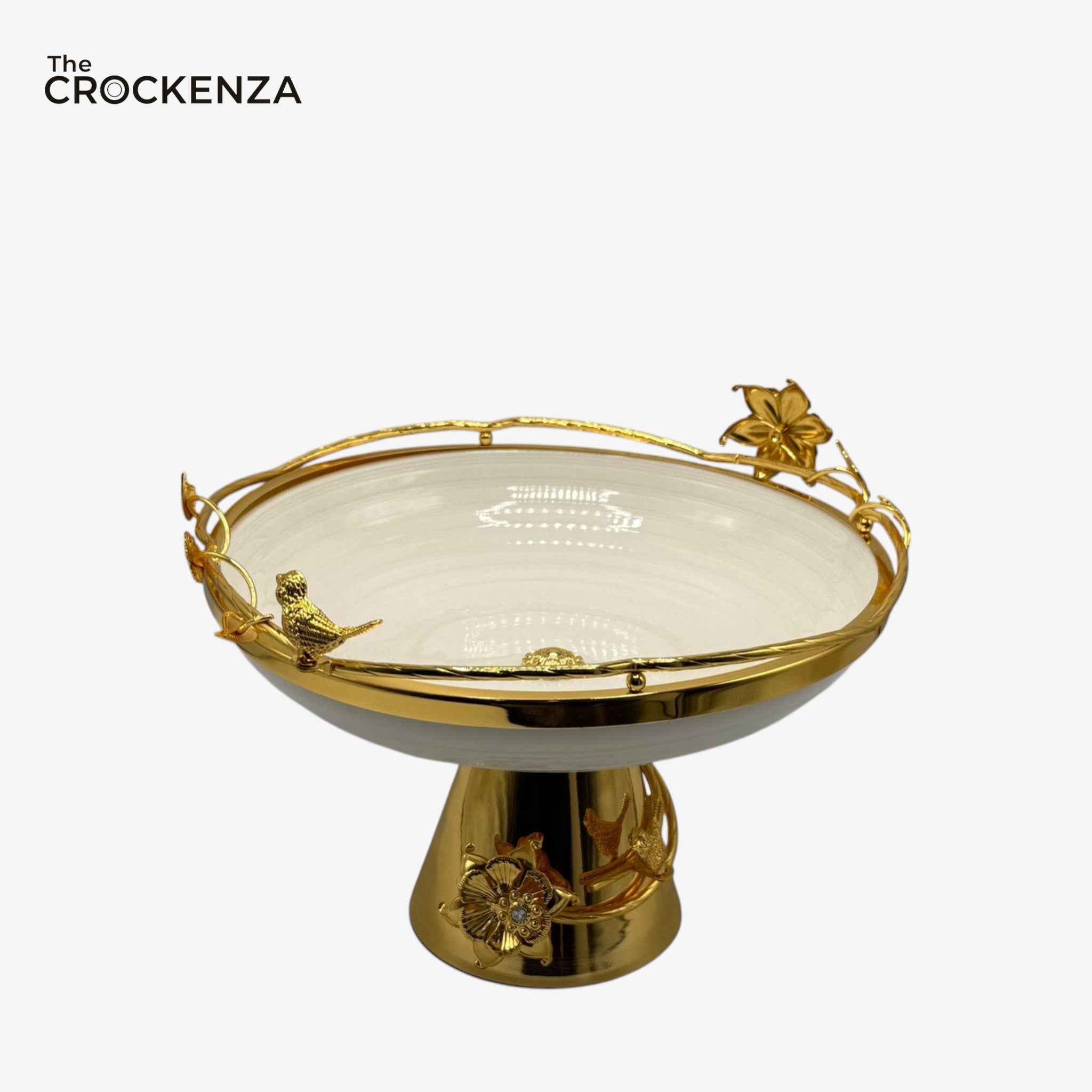 Luxury Gold Pedestal Fruit Bowl with Decorative Bird & Floral Accents