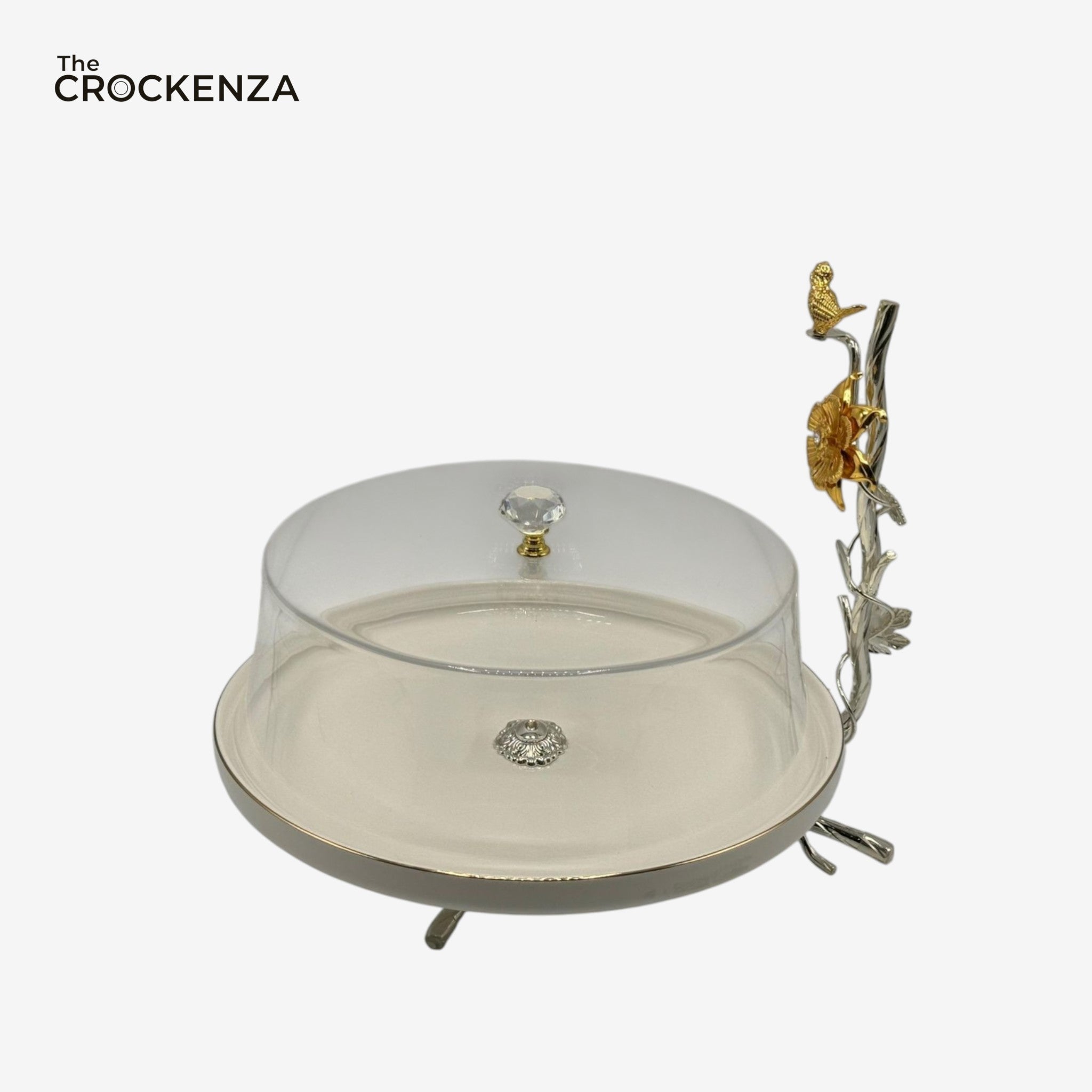 Luxury Glass Dome Cake Dish with Elegant Gold Floral Handle – Premium Serving Platter by Crockenza