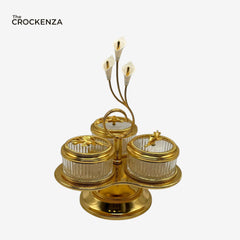 Luxury Gold 4-Partition Dry Fruit Serving Set with Stand – Glass Bowls & Golden Holder
