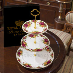 Royal Albert-Inspired 3-Tier Bone China Pastry Stand – Old Country Roses Design with Gold Handle