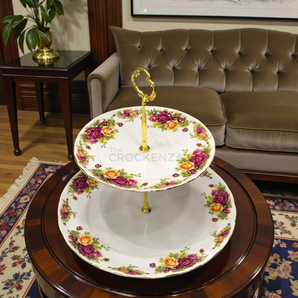 Royal Albert-Inspired 2-Tier Bone China Pastry Stand – Old Country Roses Design with Gold Handle