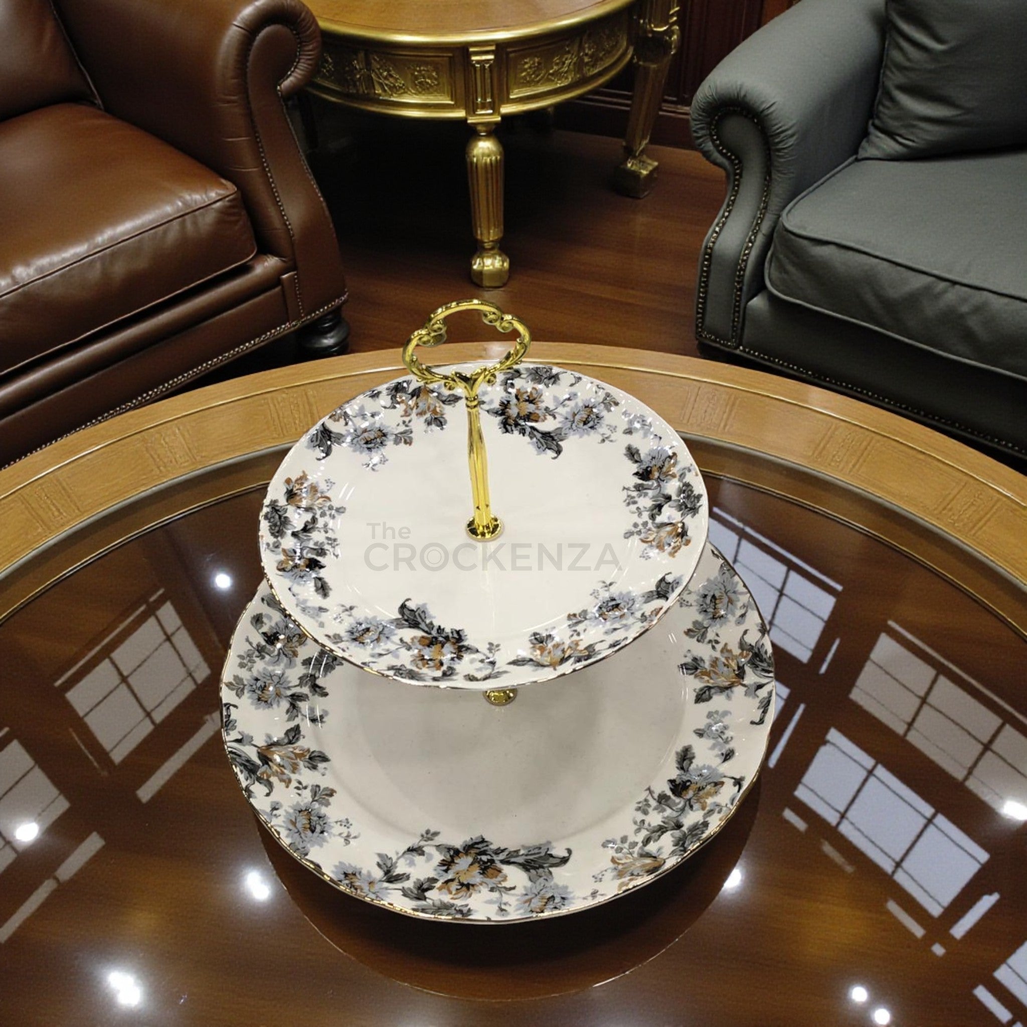 Royal Albert-Inspired 2-Tier Bone China Pastry Stand – Elegant Floral Design with Gold Handle