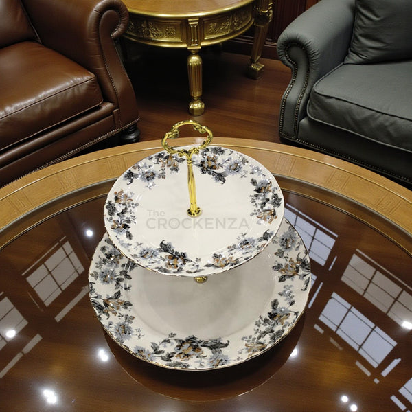 Royal Albert-Inspired 2-Tier Bone China Pastry Stand – Elegant Floral Design with Gold Handle