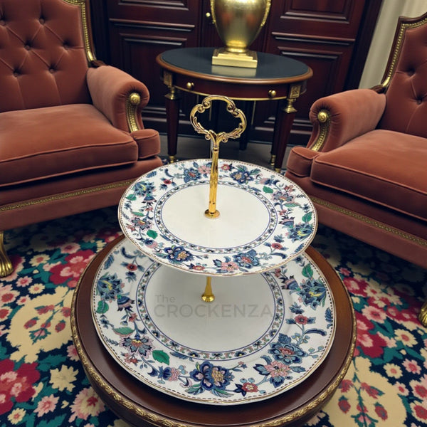 Royal Albert-Inspired 2-Tier Bone China Pastry Stand – Elegant Floral Design with Gold Handle