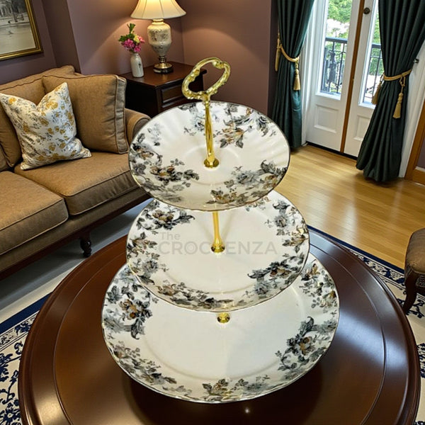Royal Albert-Inspired 3-Tier Bone China Pastry Stand – Elegant Floral Design with Gold Handle