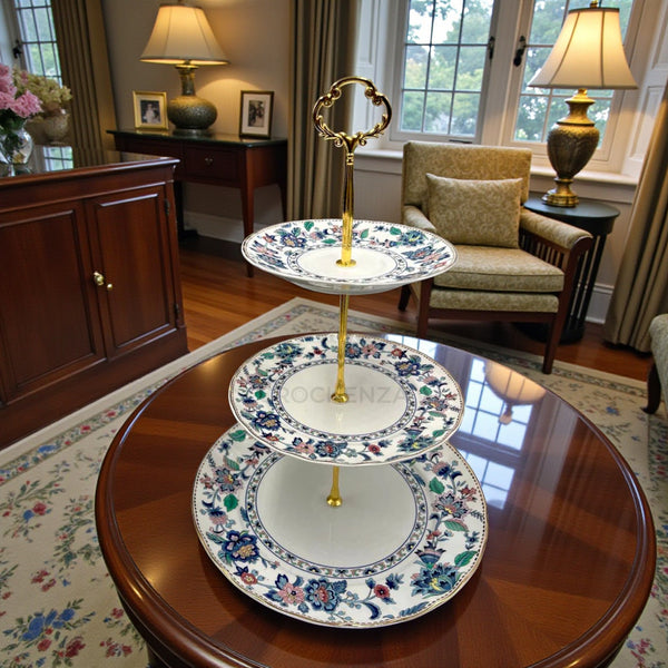 Royal Albert-Inspired 3-Tier Bone China Pastry Stand – Elegant Floral Design with Gold Handle