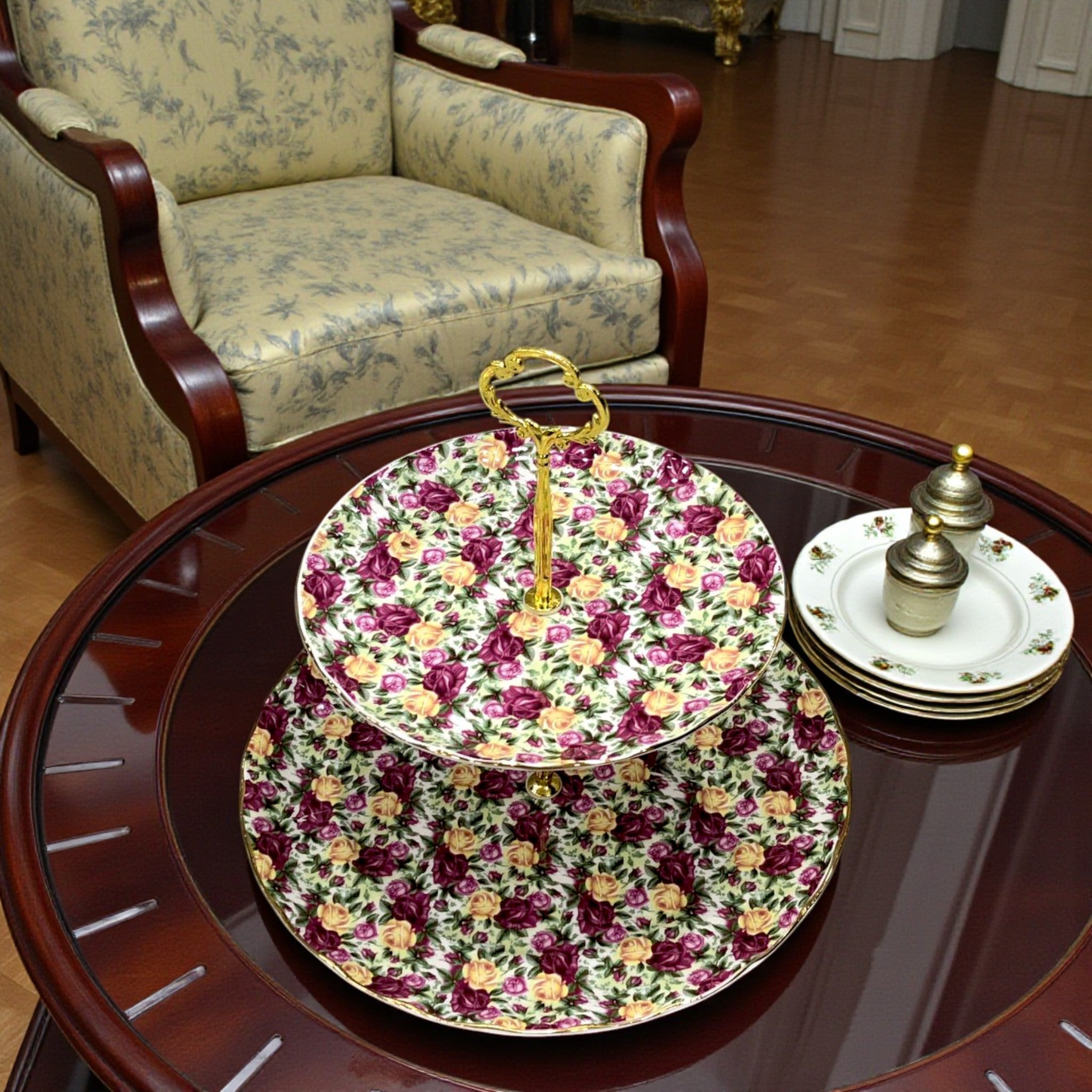 Royal Albert-Inspired 2-Tier Bone China Pastry Stand – Elegant Floral Design with Gold Handle