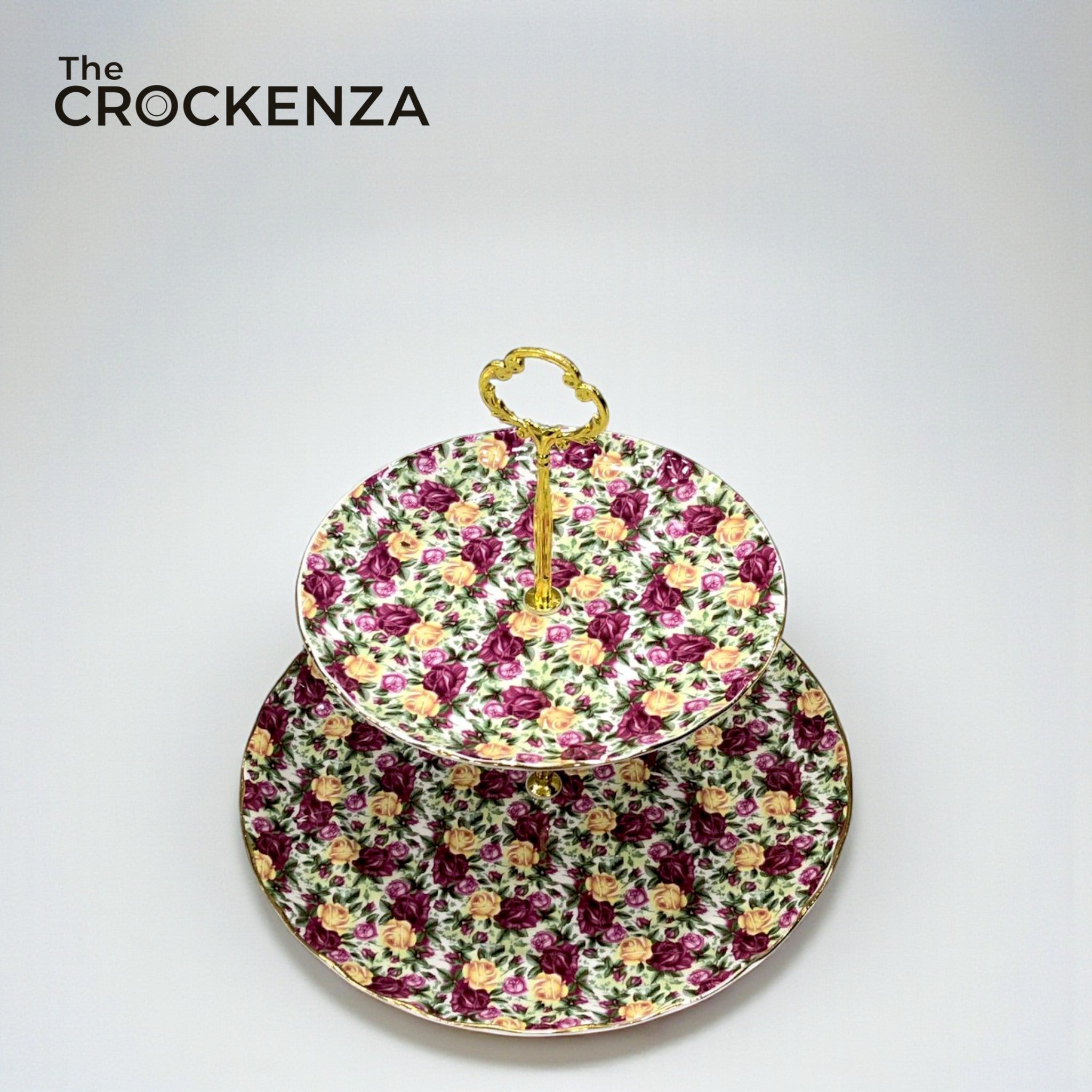 Royal Albert-Inspired 2-Tier Bone China Pastry Stand – Elegant Floral Design with Gold Handle