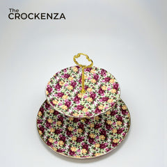 Royal Albert-Inspired 2-Tier Bone China Pastry Stand – Elegant Floral Design with Gold Handle