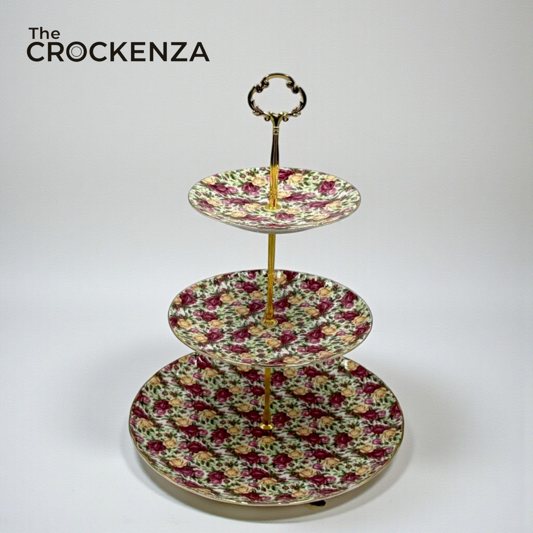 Royal Albert-Inspired 3-Tier Bone China Pastry Stand – Elegant Floral Design with Gold Handle