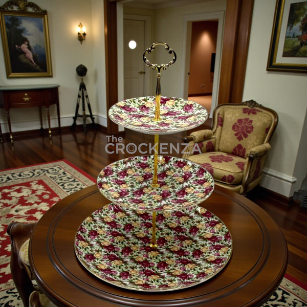 Royal Albert-Inspired 3-Tier Bone China Pastry Stand – Elegant Floral Design with Gold Handle