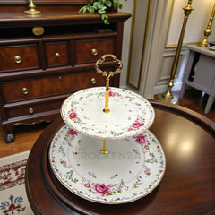 Royal Albert-Inspired 2-Tier Bone China Pastry Stand – Elegant Floral Design with Gold Handle