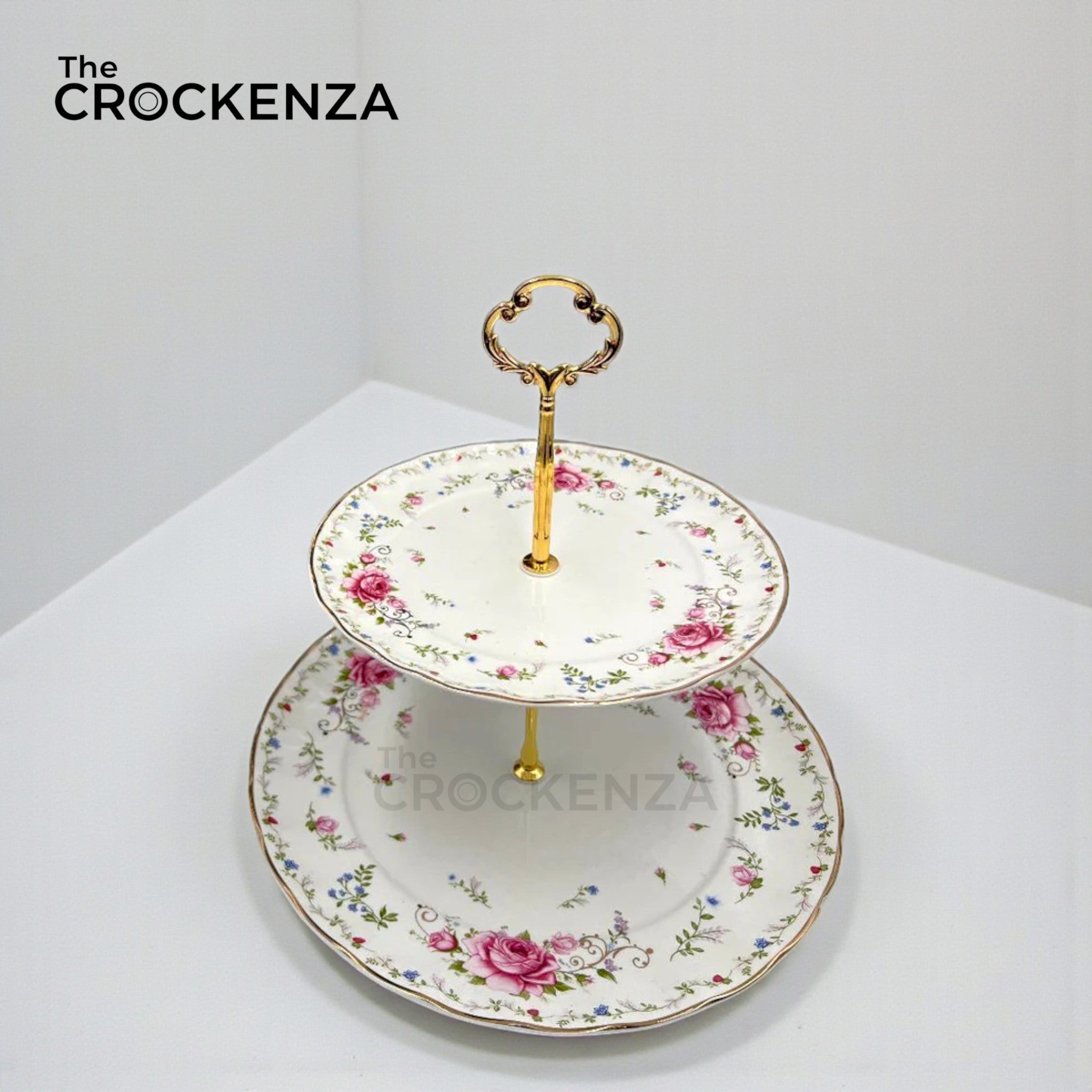 Royal Albert-Inspired 2-Tier Bone China Pastry Stand – Elegant Floral Design with Gold Handle
