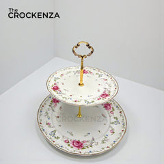 Royal Albert-Inspired 2-Tier Bone China Pastry Stand – Elegant Floral Design with Gold Handle