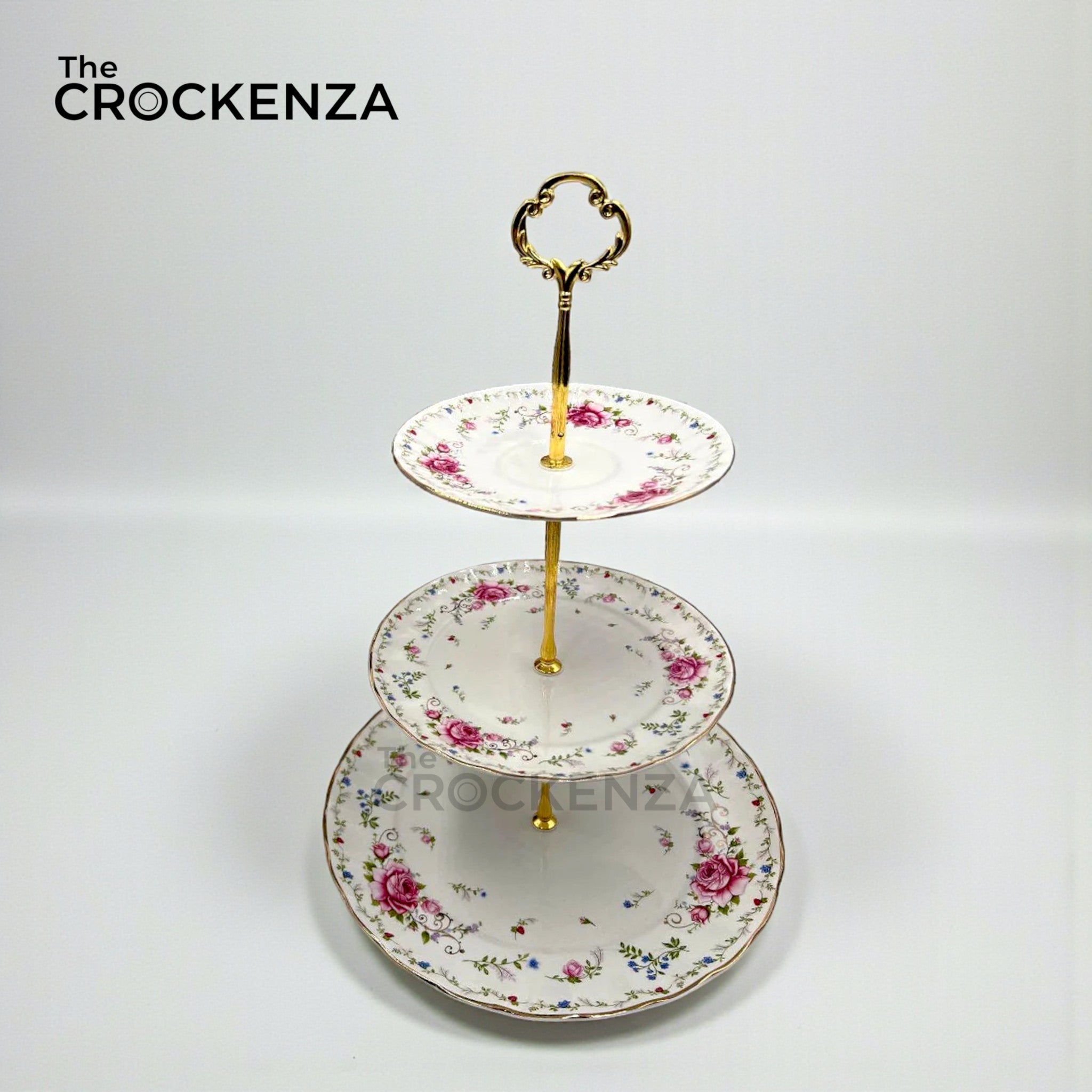 Royal Albert-Inspired 3-Tier Bone China Pastry Stand – Elegant Floral Design with Gold Handle
