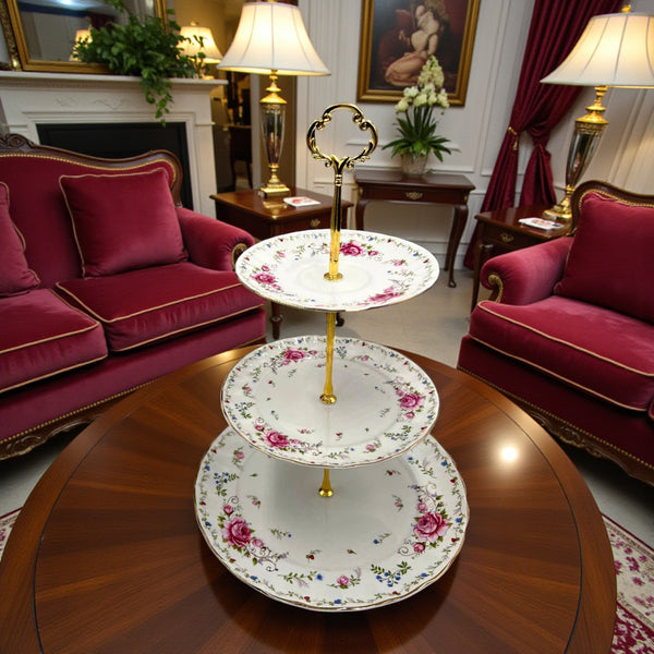 Royal Albert-Inspired 3-Tier Bone China Pastry Stand – Elegant Floral Design with Gold Handle