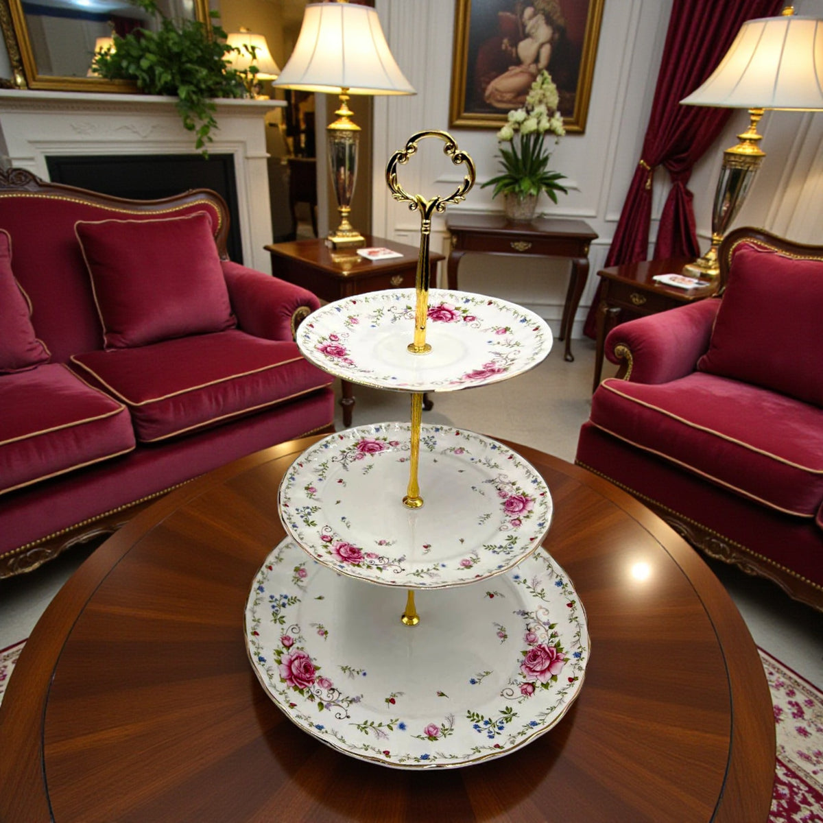 Royal Albert-Inspired 3-Tier Bone China Pastry Stand – Elegant Floral Design with Gold Handle