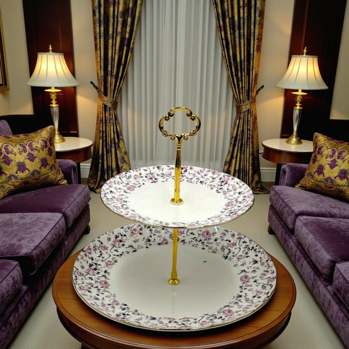 Royal Albert-Inspired 2-Tier Bone China Pastry Stand – Elegant Floral Design with Gold Handle