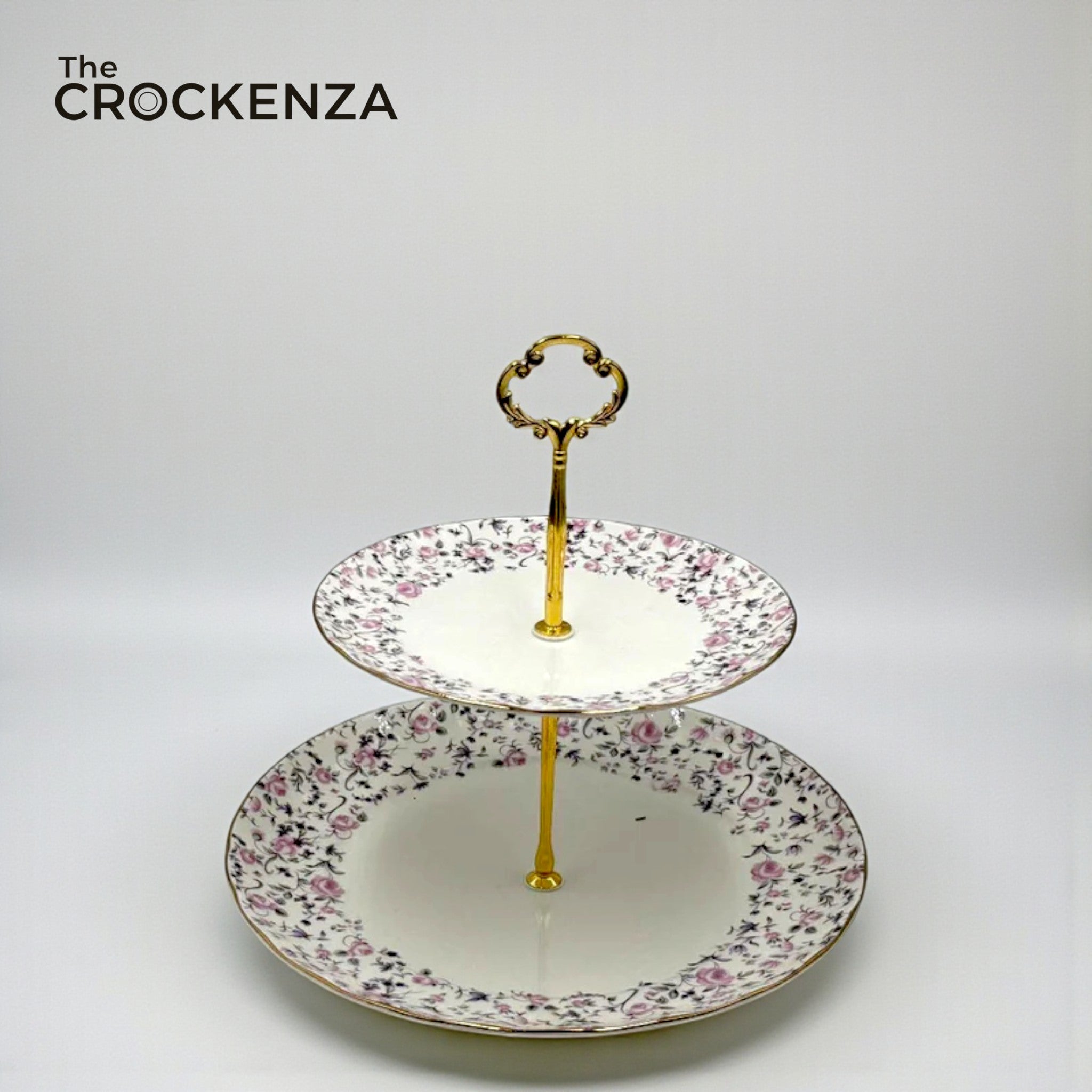 Royal Albert-Inspired 2-Tier Bone China Pastry Stand – Elegant Floral Design with Gold Handle