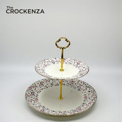 Royal Albert-Inspired 2-Tier Bone China Pastry Stand – Elegant Floral Design with Gold Handle