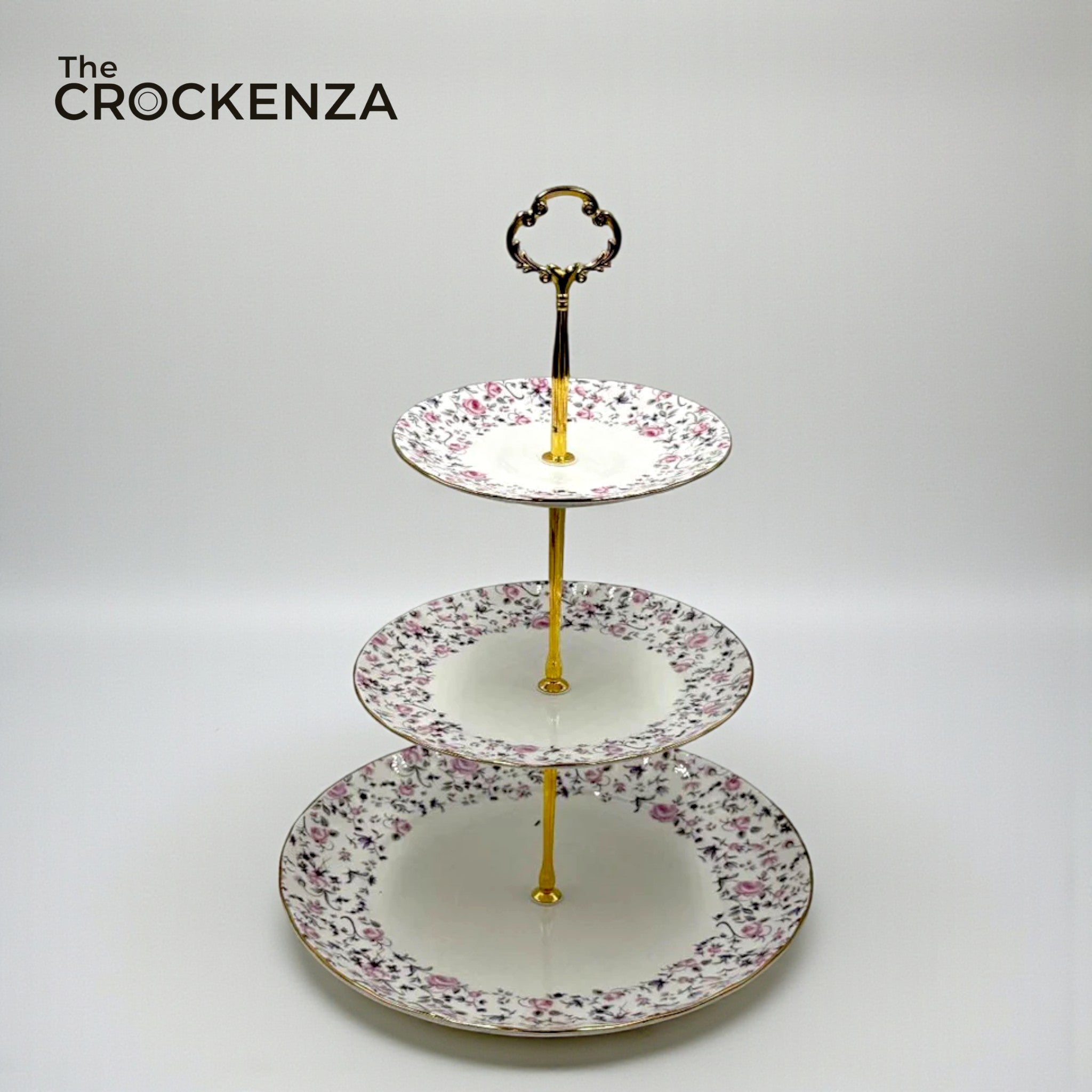 Royal Albert-Inspired 3-Tier Bone China Pastry Stand – Elegant Floral Design with Gold Handle
