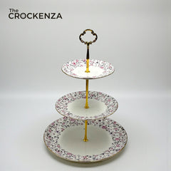 Royal Albert-Inspired 3-Tier Bone China Pastry Stand – Elegant Floral Design with Gold Handle