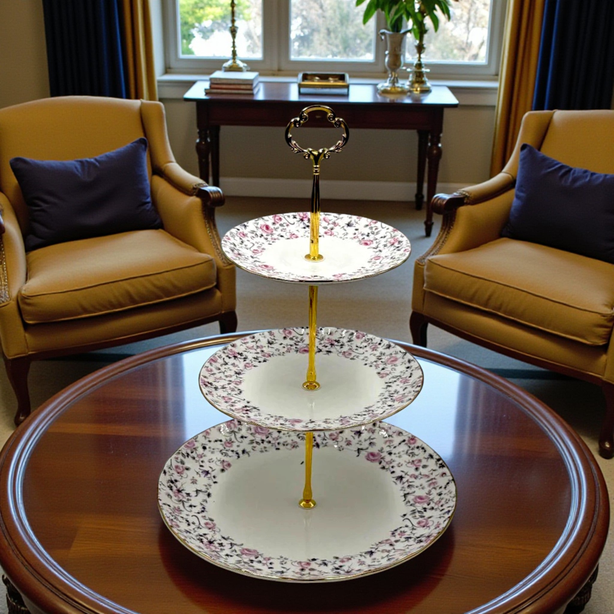 Royal Albert-Inspired 3-Tier Bone China Pastry Stand – Elegant Floral Design with Gold Handle