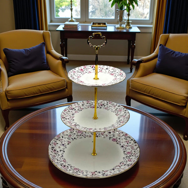 Royal Albert-Inspired 3-Tier Bone China Pastry Stand – Elegant Floral Design with Gold Handle