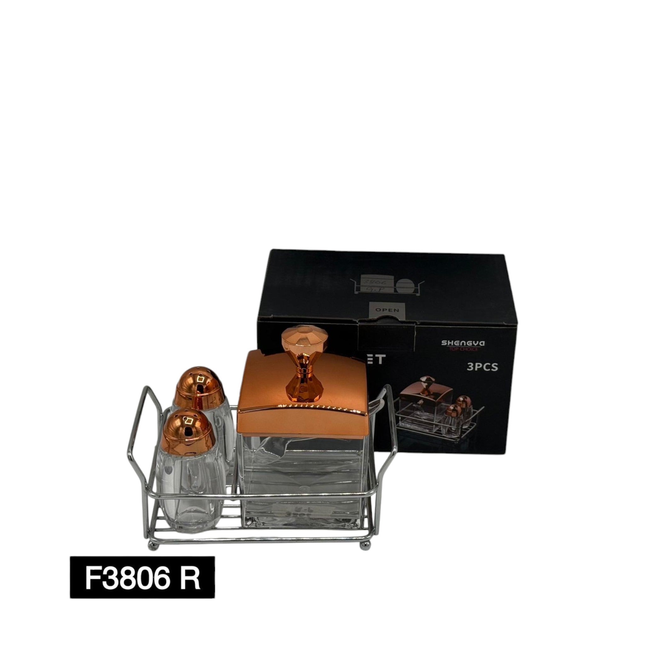 Premium Acrylic 3-Piece Condiment Set with Rose Gold Lid & Steel Rack – Luxury Table Organizer