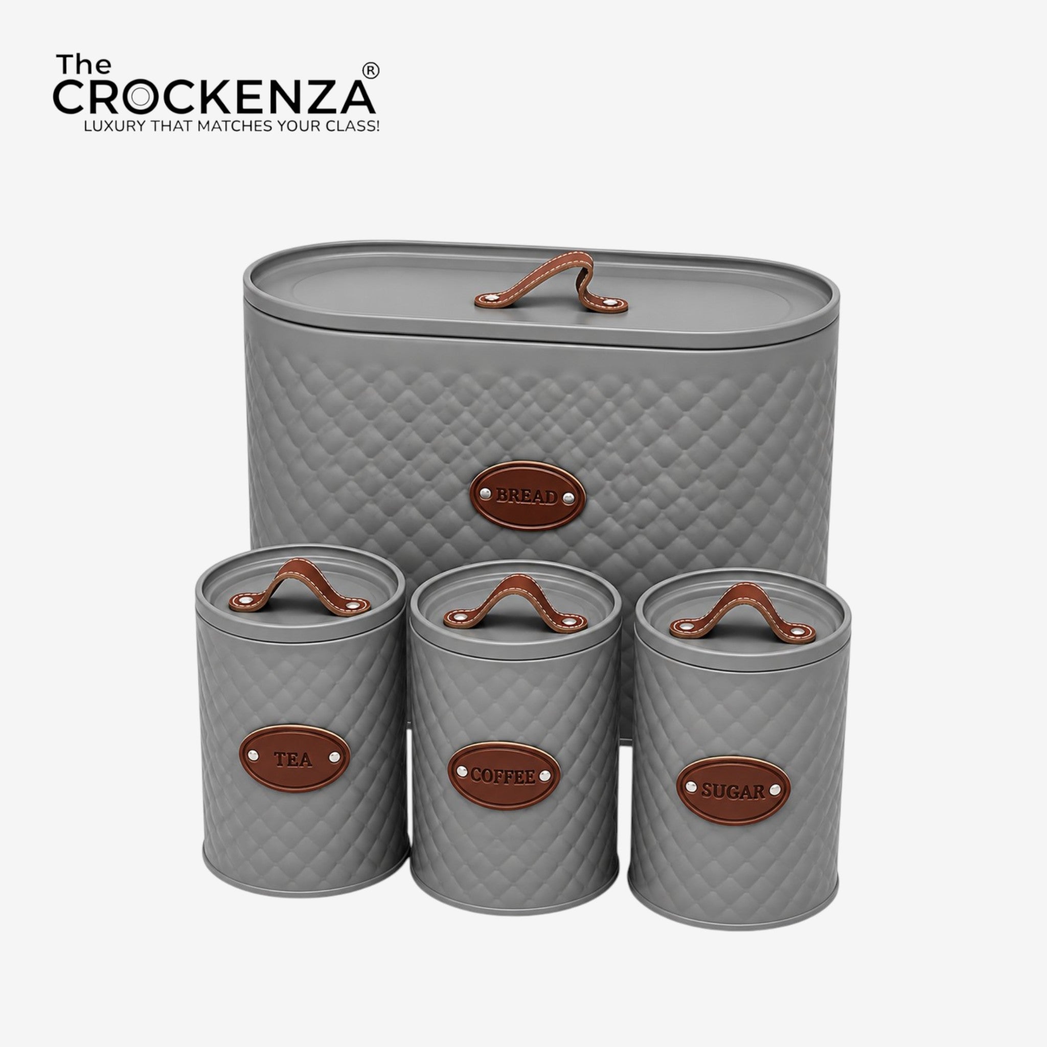 Luxury 4-Piece Bread Box & Tea Coffee Sugar Canister Set with Leather Handles – Premium Kitchen Storage Set