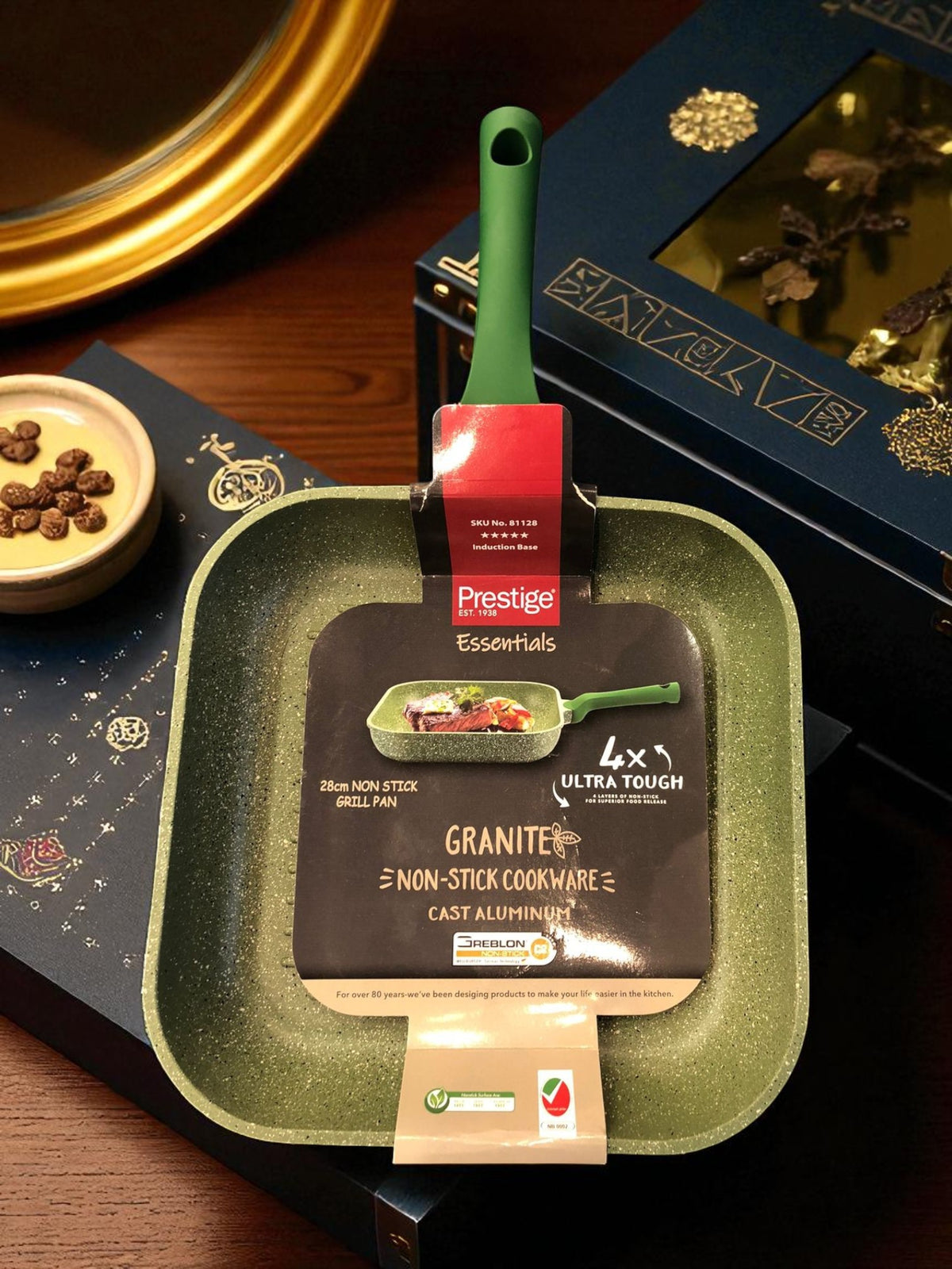 Prestige Granite Essentials Square Grill Pan – 28cm Heavy-Duty Granite Non-Stick