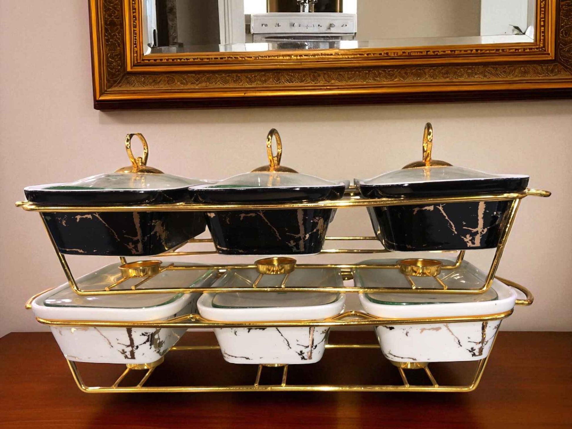 Elegant Triple Chafing Serving Dishes with Handles & Metal Stand – White Textured Buffet Set (9" each) (Two Colors Available)