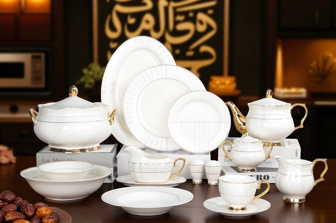 Premium Johnson Bros Inspired Dinner Set – Elegant White textures with Gold Accents