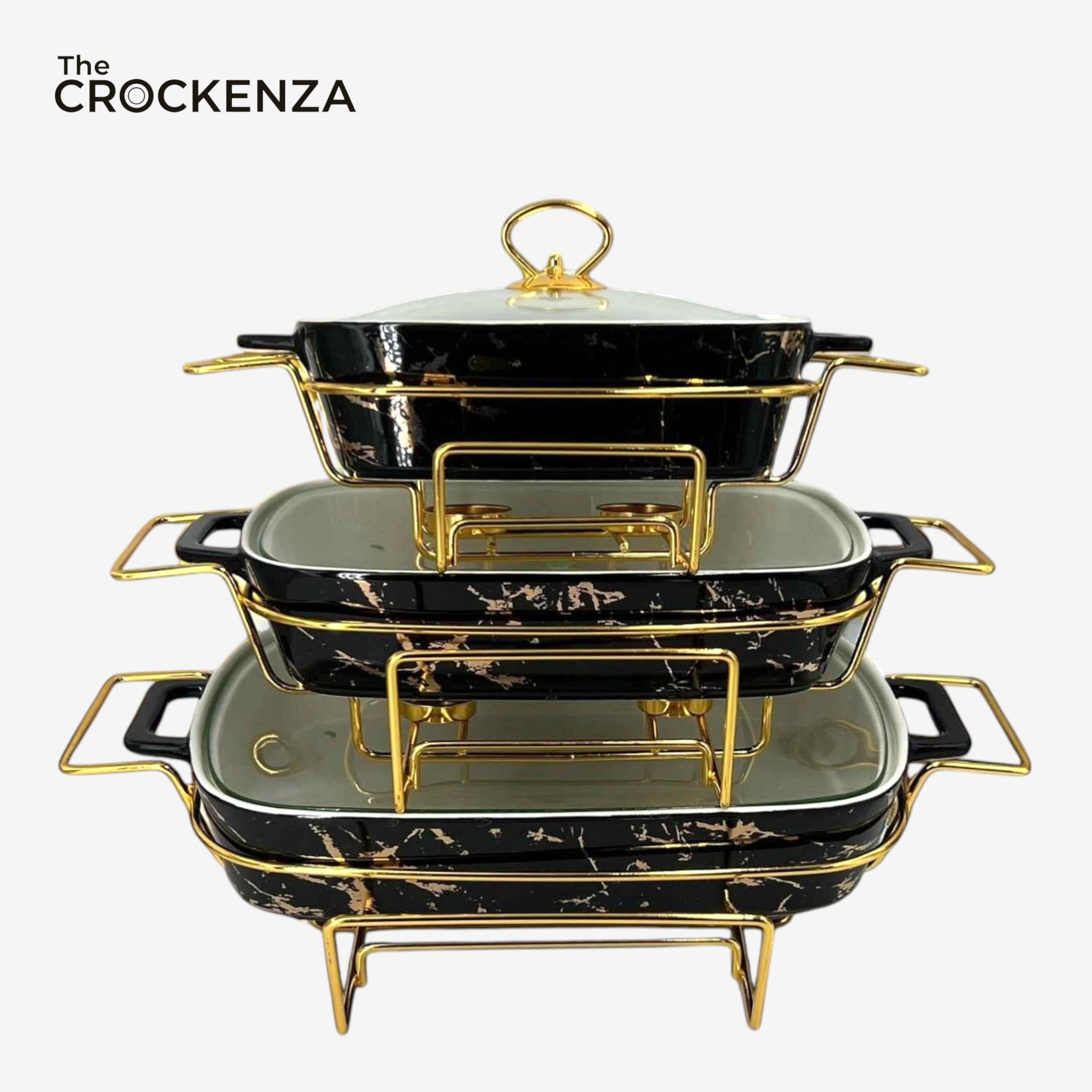 Luxury Imported Black Marble Rectangular Porcelain Serving Dishes – Lidded with Handles (Three Sizes)