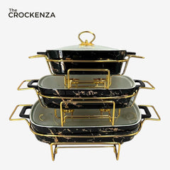 Luxury Imported Black Marble Rectangular Porcelain Serving Dishes – Lidded with Handles (Three Sizes)