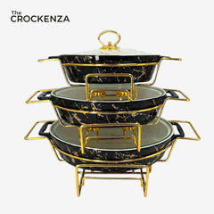Elegant Imported Oval Porcelain Serveware – Black Marble with Handles & Matching Lid (Three Sizes)