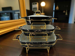 Luxury Imported Black Marble Rectangular Porcelain Serving Dishes – Lidded with Handles (Three Sizes)