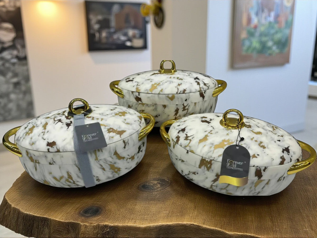 Premium Forever Gold White Mable Casseroles – Keep Food Fresh & Warm in Style (2/2.5/3Ltrs)