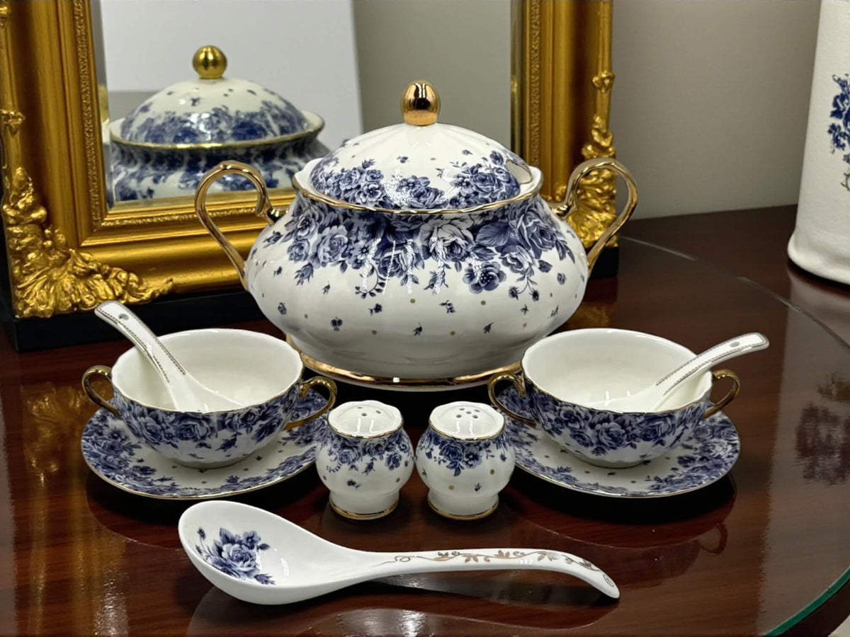 Midnight Bloom – 23 Pcs Royal Soup Set with Golden Accents | Inspired by Royal Albert