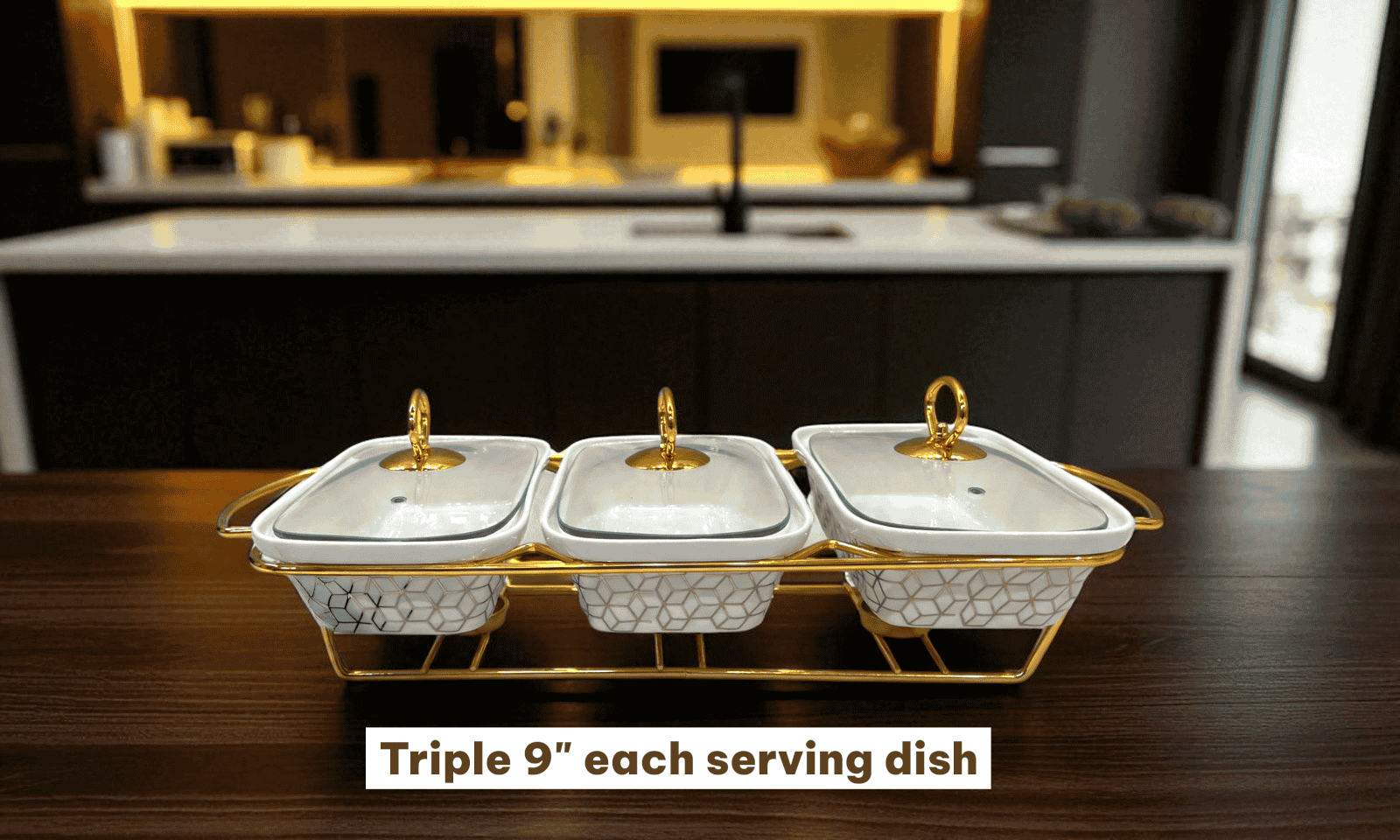 Elegant Triple Chafing Serving Dishes with Handles & Metal Stand – White Textured Buffet Set (9" each)