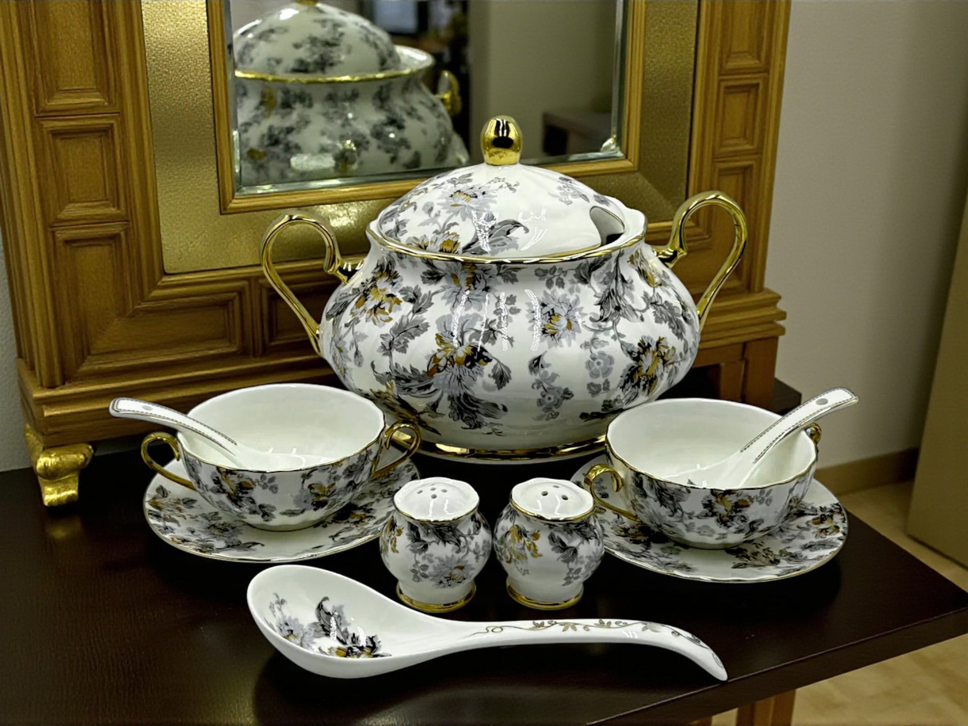 Secret Garden – 23 Pcs Winter Grey Floral Soup Set with Golden Accents | Inspired by Royal Albert