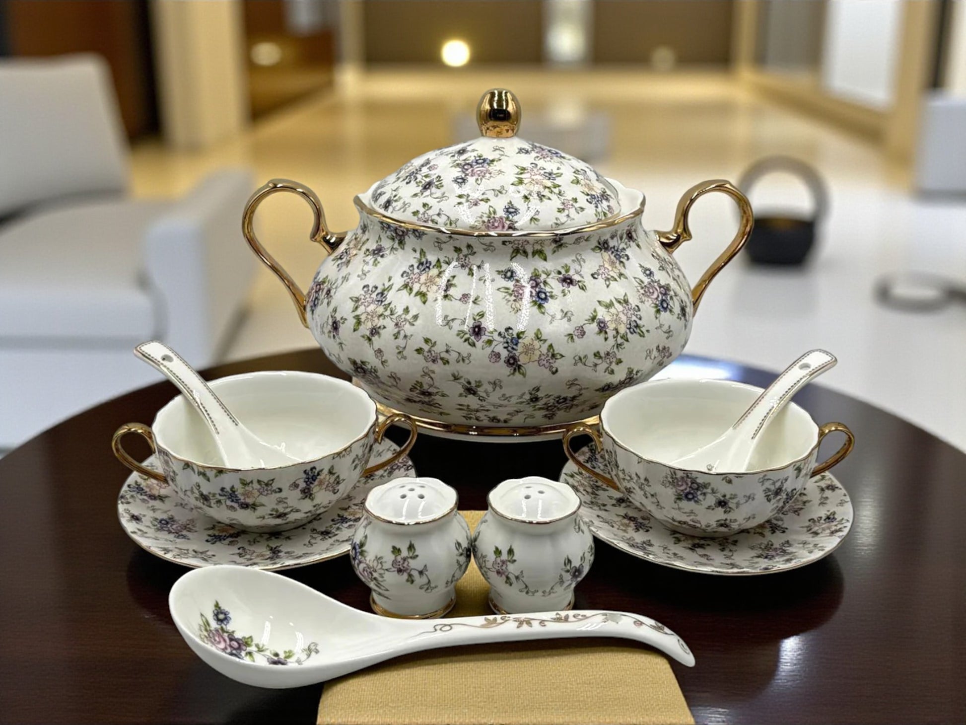 Secret Garden – 23 Pcs Spring Floral Soup Set with Golden Accents | Inspired by Royal Albert